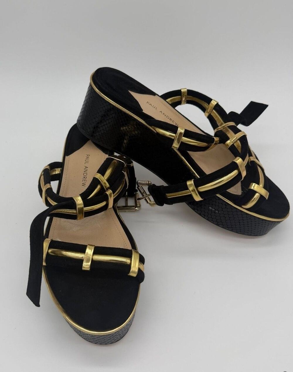 Paul Andrew Sandals Shoes Womens Size 7.5 Black Suede Wedge Platform Tie Italy